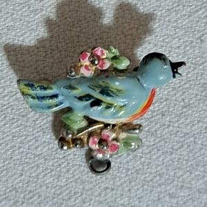 Vintage Coro Blue and Pink Bird with Flowers Brooch Hand Painted
